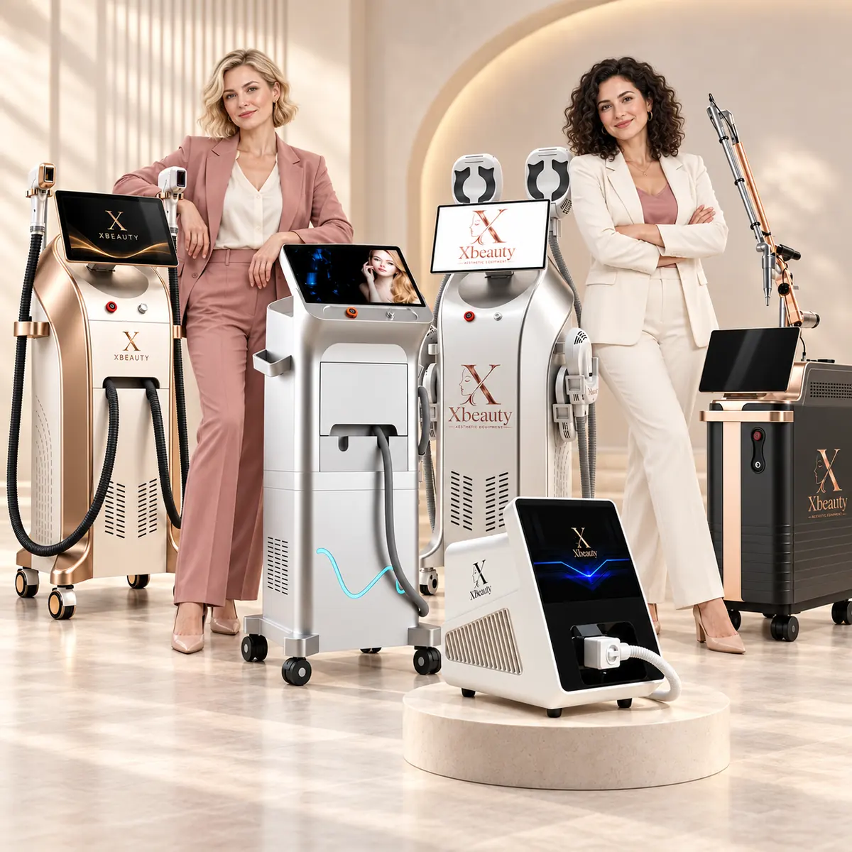 Două modele feminine virtuale alături de cinci aparate profesionale XBeauty pentru saloane