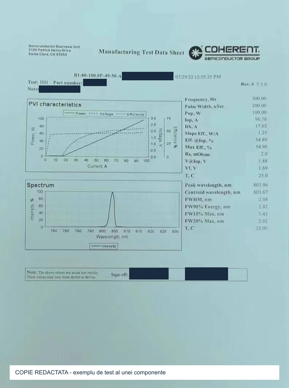Copie redactată a unei fișe Coherent de testare a unei componente laser