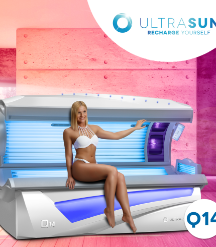 Echipamentul de bronzare Ultrasun Q14, ideal pentru saloane și centre de wellness, cu lămpi avansate Sunfit, control tactil IQ și sistem de răcire integrat, oferind o experiență de bronzare premium.