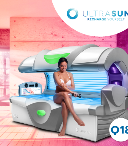 Aparatul de bronzare Ultrasun Q18, oferind un bronz perfect și uniform, cu funcții avansate și design modern, disponibil în culoarea Dream White Metallic.