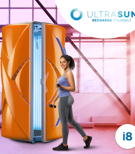 Echipamentul de bronzare Ultrasun i8 cu design modern, culori elegante și caracteristici inovatoare precum VibraPlate și IQ Touch Control, pentru o experiență premium de bronzare.