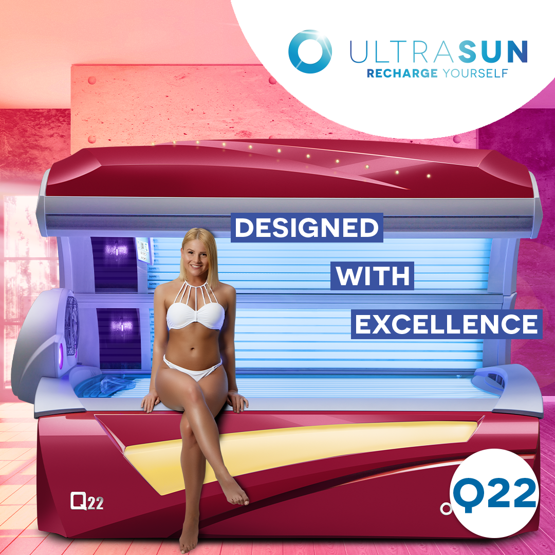 Ultrasun Q22, prezentând un design modern, lămpi de înaltă performanță și sistem avansat de răcire pentru o experiență de bronzare confortabilă și sigură.